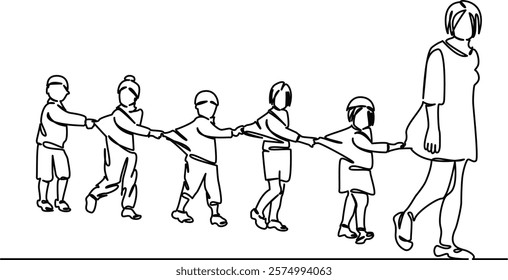 One continuous single drawing line art flat doodle child, teacher, education, training, preschool, walk, childhood, games. Isolated image hand draw contour on a white background, hand drawn