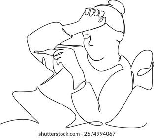 One continuous single drawing line art flat doodle woman, temperature, sleep, illness, lie down, one concern. Isolated image hand draw contour on a white background, hand drawn