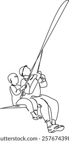 One continuous single drawing line art flat doodle child, grandfather,  fishing, lake, boy, grandson,  outdoors, teaching. Isolated image hand draw contour on a white background, hand drawn, not AI