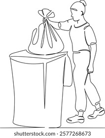 One continuous single drawing line art flat doodle person, garbage, throwing, recycling, woman, adult, environment, plastic. Isolated image hand draw contour on a white background, hand drawn, not AI