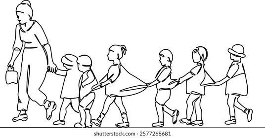 One continuous single drawing line art flat doodle child, teacher, education, walking, stroll, childhood, hand, primary school student. Isolated image hand draw contour on a white background, hand dra