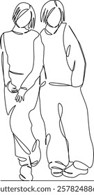 One continuous single drawing line art flat doodle friendship, two people, happiness, female friendship, togetherness, young. Isolated image hand draw contour on a white background, hand drawn, not AI