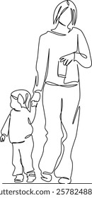 One continuous single drawing line art flat doodle mother, child, family, walking, happiness, woman, childhood. Isolated image hand draw contour on a white background, hand drawn, not AI