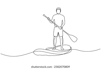 One continuous single drawing line art flat doodle stretch out man, Continuous line drawing of Man on puddleboard. SUP boarding. Template for your design works.