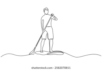 One continuous single drawing line art flat doodle stretch out man, Continuous line drawing of Man on puddleboard. SUP boarding. Template for your design works.