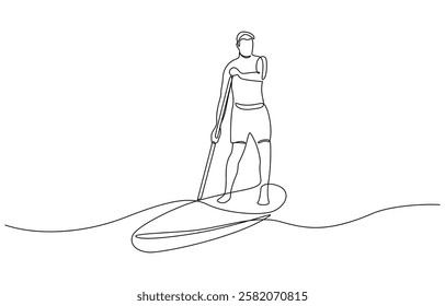 One continuous single drawing line art flat doodle stretch out man, Continuous line drawing of Man on puddleboard. SUP boarding. Template for your design works.