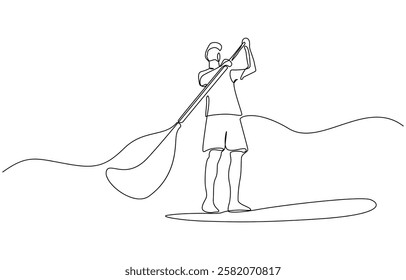 One continuous single drawing line art flat doodle stretch out man, Continuous line drawing of Man on puddleboard. SUP boarding. Template for your design works.