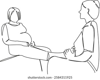 One continuous single drawing line art flat doodle pregnant woman, foot massage, masseur, relaxation, care. Isolated image hand draw contour on a white background, hand drawn, not AI