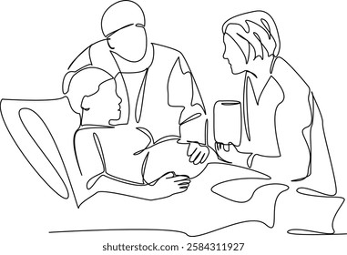 One continuous single drawing line art flat doodle pregnant woman, husband, doctor, examination, doctor's appointment. Isolated image hand draw contour on a white background, hand drawn, not AI