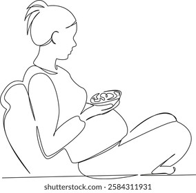 One continuous single drawing line art flat doodle pregnant, nutrition, lifestyle, food, mother, expectation, pregnant woman. Isolated image hand draw contour on a white background, hand drawn, not AI