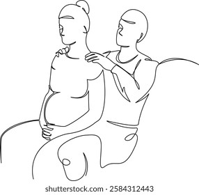 One continuous single drawing line art flat doodle husband, relaxation, togetherness, happiness, woman, pregnancy, massage. Isolated image hand draw contour on a white background, hand drawn, not AI