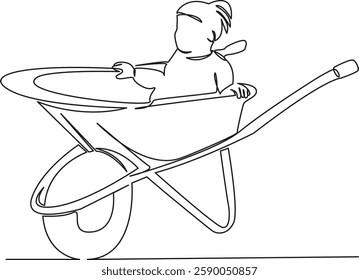 One continuous single drawing line art flat doodle child, wheelbarrow, girl, outdoors, summer, childhood, nature, garden. Isolated image hand draw contour on a white background, hand drawn, not AI