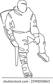 One continuous single drawing line art flat doodle person, man, patient, recovery, bandage, crutch, leg, male, adult, broken. Isolated image hand draw contour on a white background, hand drawn, not AI