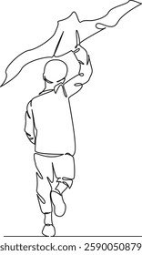 One continuous single drawing line art flat doodle child, boy, summer, flying, fun, sky, playing, kite, running. Isolated image hand draw contour on a white background, hand drawn, not AI