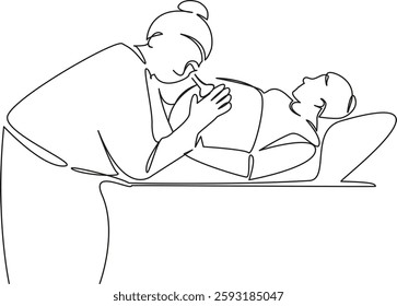 One continuous single drawing line art flat doodle pregnant, woman, belly, doctor, patient, stethoscope, listen, observation. Isolated image hand draw contour on a white background, hand drawn, not AI