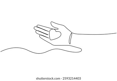 One continuous single drawing line art flat doodle between fingers heart in hand heart symbol, Human arm holding two hearts line continuous drawn.