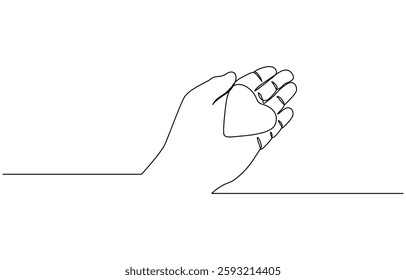 One continuous single drawing line art flat doodle between fingers heart in hand heart symbol, Human arm holding two hearts line continuous drawn.