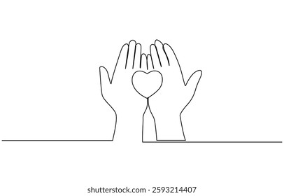 One continuous single drawing line art flat doodle between fingers heart in hand heart symbol, Human arm holding two hearts line continuous drawn.