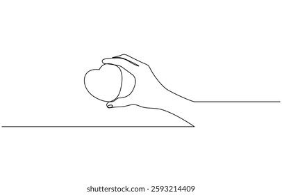 One continuous single drawing line art flat doodle between fingers heart in hand heart symbol, Human arm holding two hearts line continuous drawn.