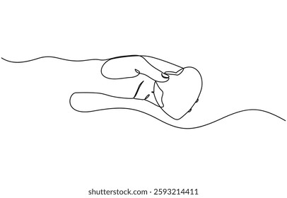 One continuous single drawing line art flat doodle between fingers heart in hand heart symbol, Human arm holding two hearts line continuous drawn.