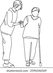One continuous single drawing line art flat doodle person, nurse, care, support, doctor, walking, woman. Isolated image hand draw contour on a white background, hand drawn, not AI