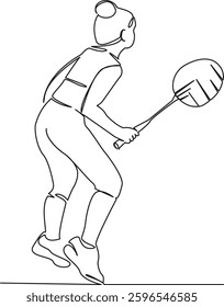 One continuous single drawing line art flat doodle sport, child, girl, playing, racket, athlete, young. Isolated image hand draw contour on a white background, hand drawn, not AI