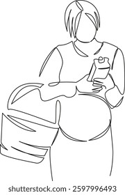 One continuous single drawing line art flat doodle mother, pregnant, shopping, choosing, woman, supermarket, juice. Isolated image hand draw contour on a white background, hand drawn, not AI