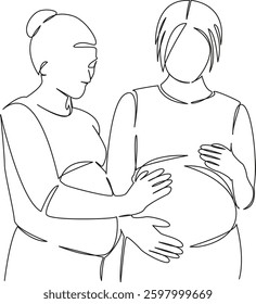 One continuous single drawing line art flat doodle woman, mother, pregnant, discussion, friends, talking, happiness. Isolated image hand draw contour on a white background, hand drawn, not AI