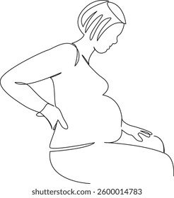 One continuous single drawing line art flat doodle pain, woman, mother, pregnant, back, backache. Isolated image hand draw contour on a white background, hand drawn, not AI