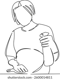 One continuous single drawing line art flat doodle cleaning, housework, woman, lifestyle, mother, hygiene, pregnancy. Isolated image hand draw contour on a white background, hand drawn, not AI