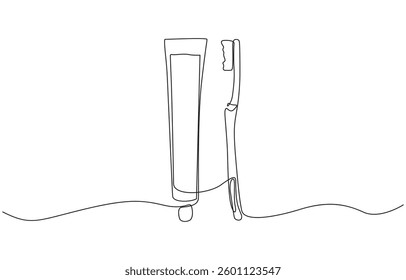 One continuous single drawing line art flat doodle dental, care, tooth, toothbrush, Line art, one continuous line, Continuous line drawing toothbrush with toothpaste.