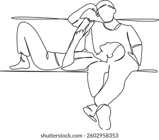 One continuous single drawing line art flat doodle book, reading, adult, lifestyle, togetherness, girl, education. Isolated image hand draw contour on a white background, hand drawn, not AI
