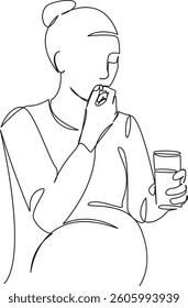 One continuous single drawing line art flat doodle medicine, pill, vitamin, woman, pregnant, lifestyle, adult, abdomen. Isolated image hand draw contour on a white background, hand drawn, not AI