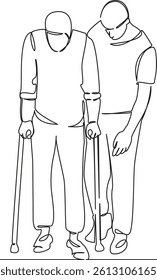 One continuous single drawing line art flat doodle rehabilitation, patient, therapy, doctor, therapist, trauma. Isolated image hand draw contour on a white background, hand drawn, not AI