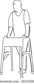 One continuous single drawing line art flat doodle senior, walker, patient, medical, elderly, nursing. Isolated image hand draw contour on a white background, hand drawn, not AI