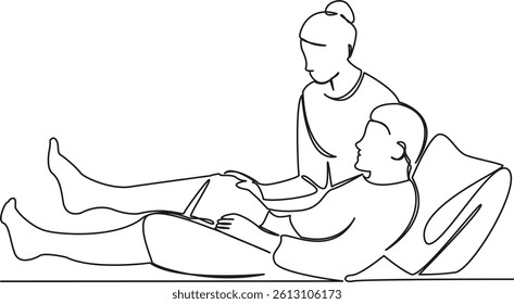 One continuous single drawing line art flat doodle patient, nurse, senior, hospital, doctor, medical, support. Isolated image hand draw contour on a white background, hand drawn, not AI