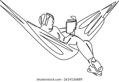 One continuous single drawing line art flat doodle book, hammock, reading, woman, lying, holiday. Isolated image hand draw contour on a white background, hand drawn, not AI
