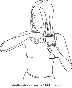One continuous single drawing line art flat doodle beautiful, care, beauty, girl, comb, brush. Isolated image hand draw contour on a white background, hand drawn, not AI