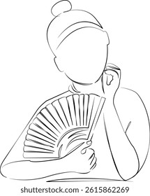 One continuous single drawing line art flat doodle woman, female, fan, beautiful, hot, fashion, fresh. Isolated image hand draw contour on a white background, hand drawn, not AI
