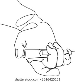 One continuous single drawing line art flat doodle syringe, medicine, hand, diabetes, injection, pen. Isolated image hand draw contour on a white background, hand drawn, not AI