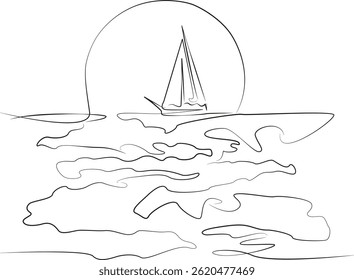 One continuous single drawing line art flat doodle water, sea, yacht, sun, sky, ship, nature. Isolated image hand draw contour on a white background, hand drawn, not AI