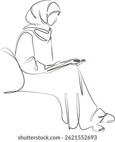 One continuous single drawing line art flat doodle book, reading, islam, woman, sitting, female. Isolated image hand draw contour on a white background, hand drawn, not AI