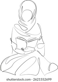 Uma linha de desenho simples contínua de arte plana rabiscar mulher, muçulmana, corã, árabe, religião, islâmica, ramadã. Contorno de desenho manual de imagem isolada em um fundo branco, desenhado à mão, não AI