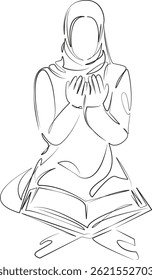 Uma única linha de desenho contínua de arte plana rabiscar mulher, islã, religião, livro, corão. Contorno de desenho manual de imagem isolada em um fundo branco, desenhado à mão, não AI