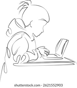 One continuous single drawing line art flat doodle child, education, laptop, studying, computer, girl, technology. Isolated image hand draw contour on a white background, hand drawn, not AI