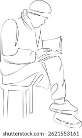 One continuous single drawing line art flat doodle book, reading, relaxation, man, adult. Isolated image hand draw contour on a white background, hand drawn, not AI