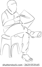 One continuous single drawing line art flat doodle newspaper, man, reading, sitting, adult, relaxation, elderly. Isolated image hand draw contour on a white background, hand drawn, not AI