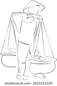 Uma única linha de desenho contínua arte plana doodle cesta, caminhando, adulto, carregando, vietnã, agricultura. Contorno de desenho manual de imagem isolada em um fundo branco, desenhado à mão, não AI