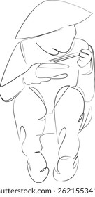 One continuous single drawing line art flat doodle woman, food, vietnamese, eating, asian, cookery. Isolated image hand draw contour on a white background, hand drawn, not AI