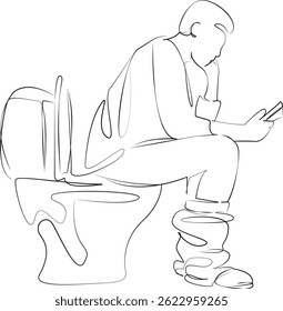One continuous single drawing line art flat doodle bathroom, man, toilet, sitting, reading, mobile, phone. Isolated image hand draw contour on a white background, hand drawn, not AI
